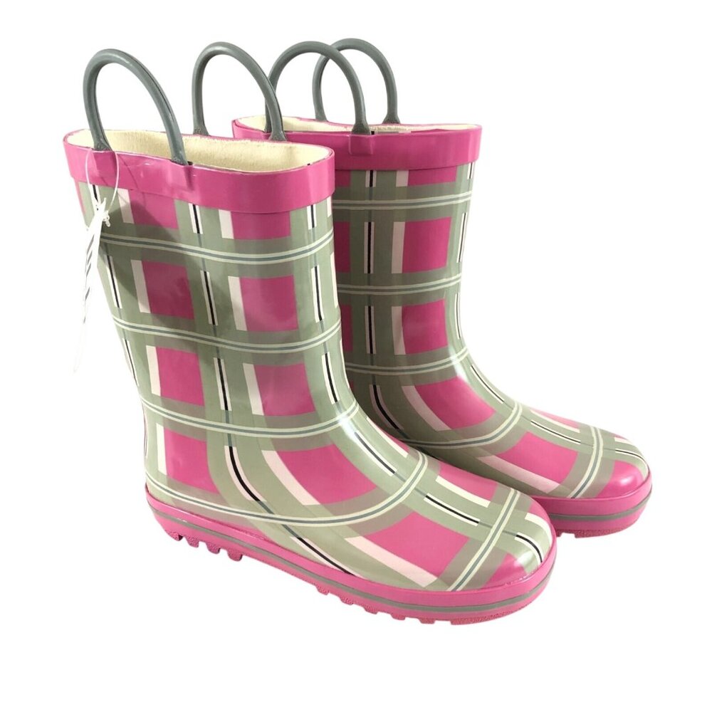 Lilly of New York Girls Rain Boots Rubber Slip On Plaid Pink Gray Size 1